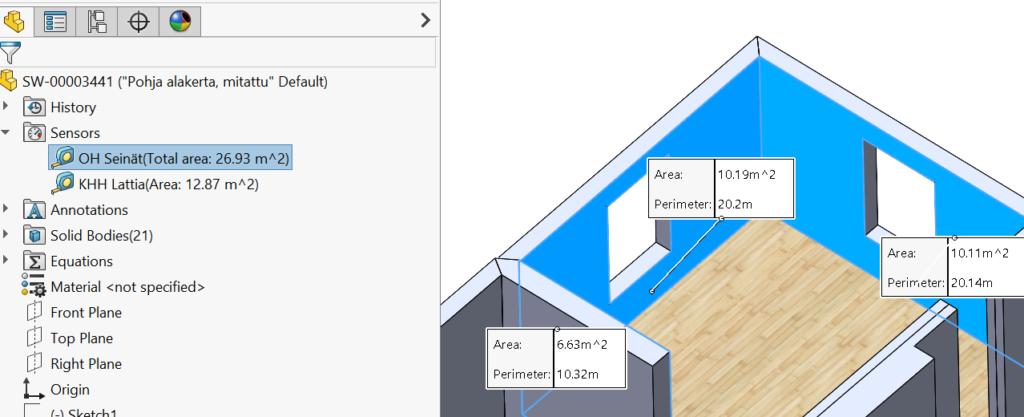 SOLIDWORKS, Measure, Sensor, sensori, päivittyvä laskenta