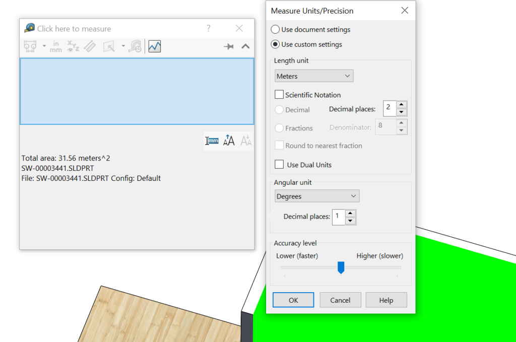 SOLIDWORKS Measure, mitta, mittayksiköt