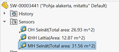 SOLIDWORKS, Measure, Sensor, Sensori, Design tree, päivittyvä laskenta